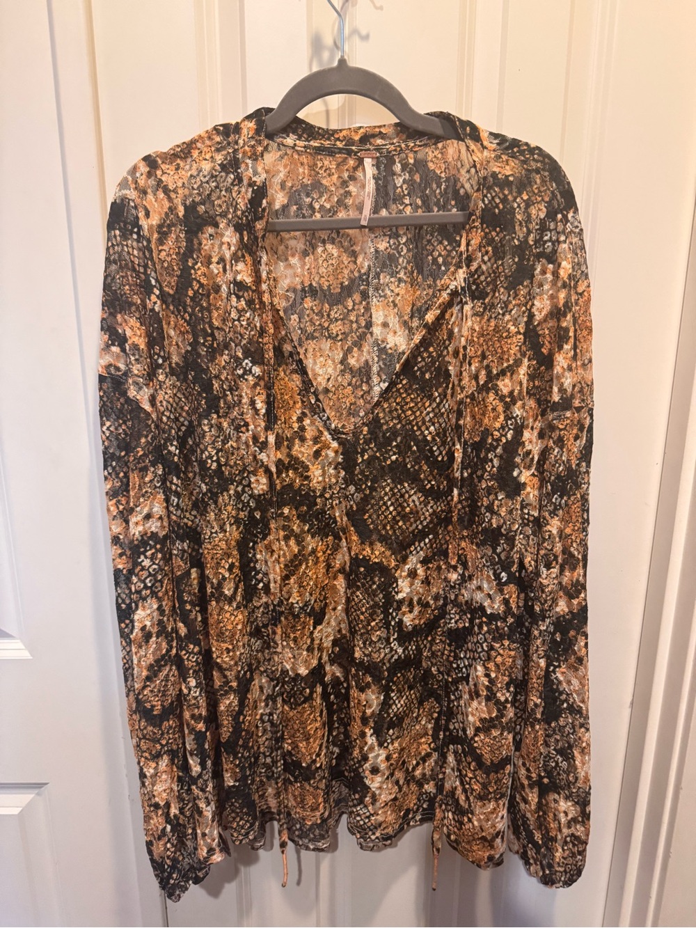 Free People Brown and Black Snake-Print V-Neck Long Sleeve Top